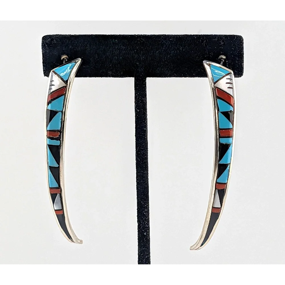 Zuni Turquoise coral Inlay Earrings 925 Sterling Silver Curved Signed P. Lucio *